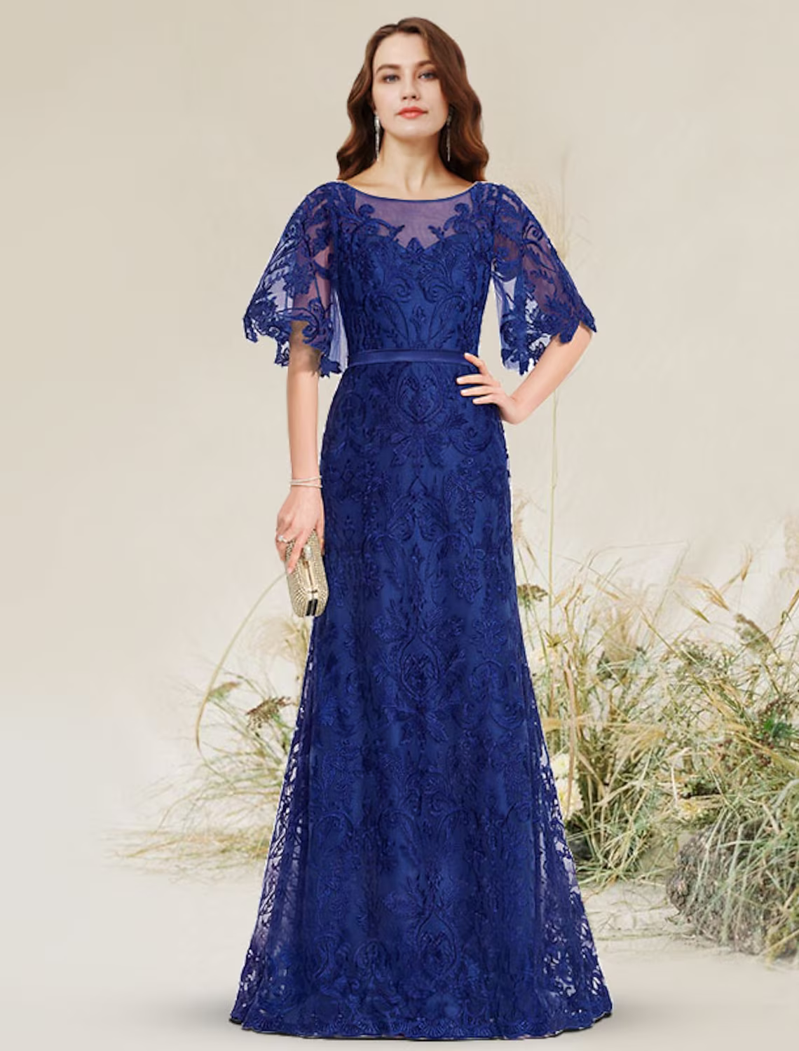 A-Line Evening Gown Elegant Dress Engagement Floor Length Short Sleeve Jewel Neck Lace with